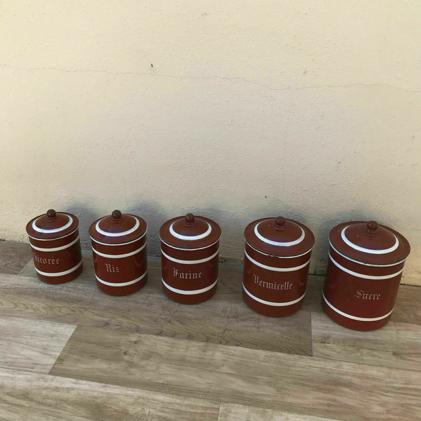 Bistro Francais 4 Canisters Set French Enameled France Vintage 1900 s 28041818 - Fleamarketfrance