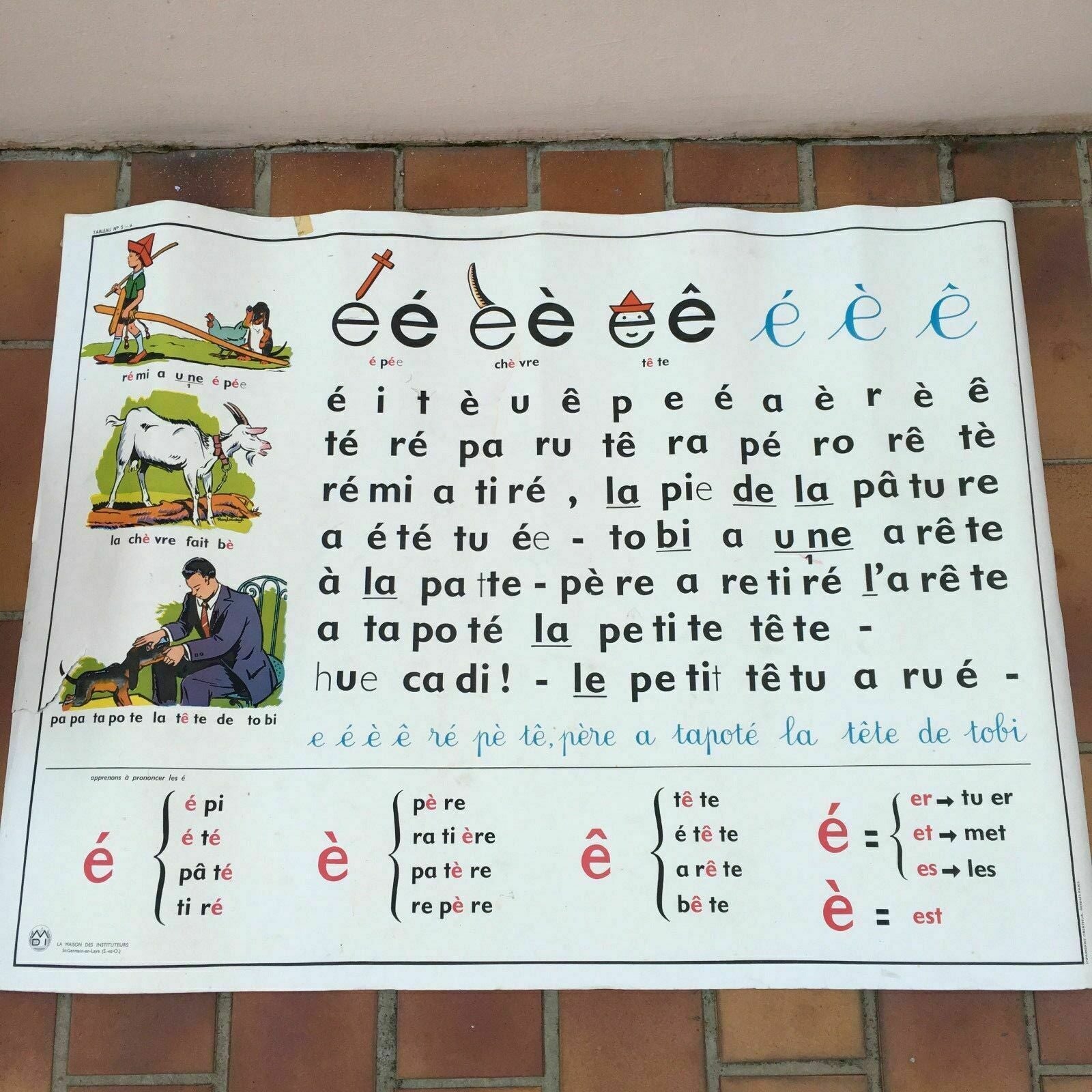 Vintage French Educational Poster Phonics School Double Sided Lesson 3 Fleamarketfrance