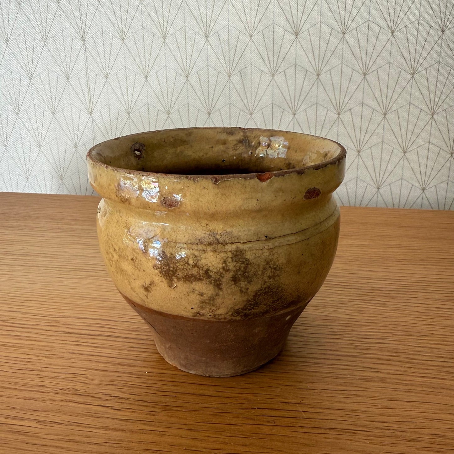 HANDMADE GLAZED YELLOW ANTIQUE FRENCH CONFIT JAM POT SMALL TERRACOTTA 0809254 Unmarked