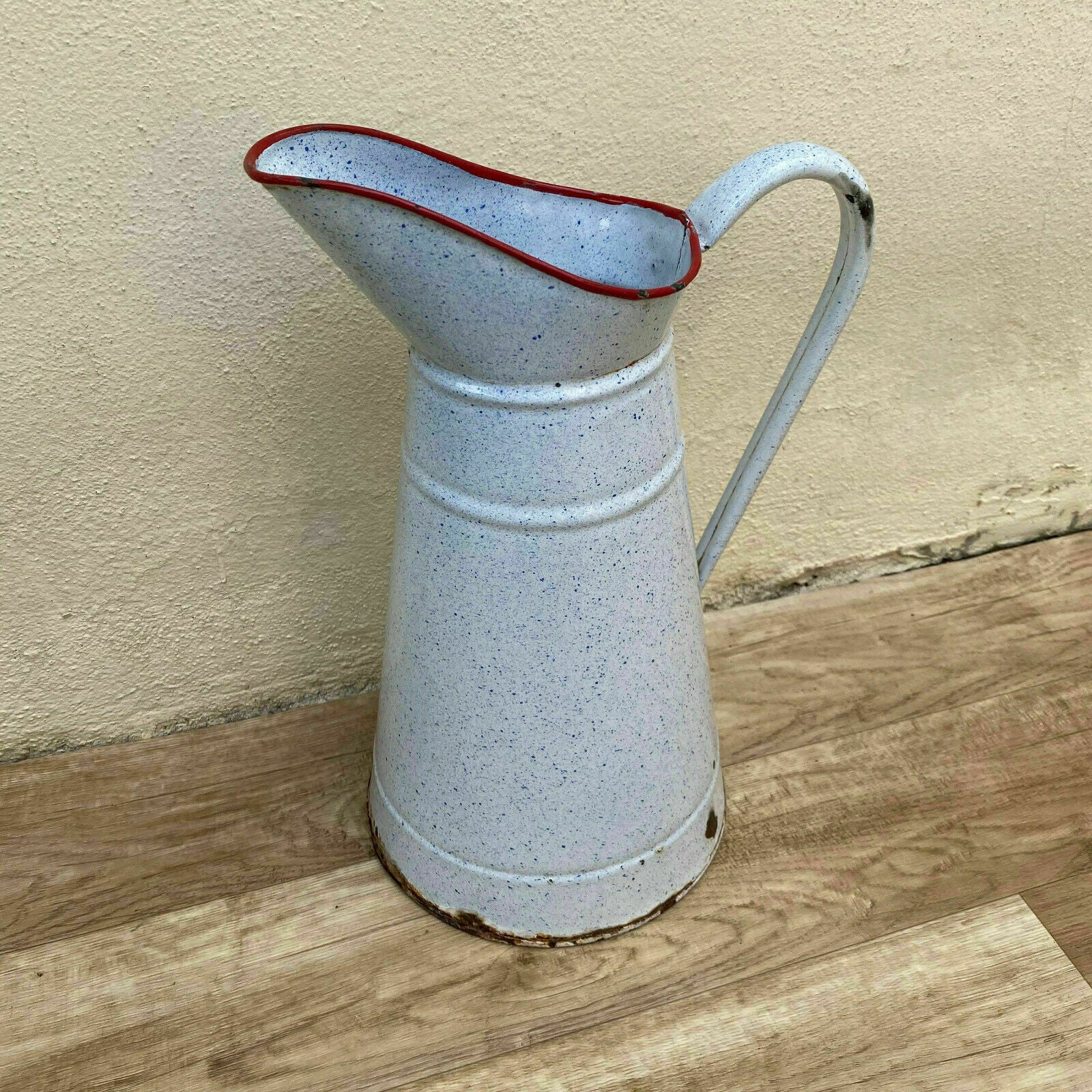 Vintage French Enamel pitcher jug water enameled white red 08112010 - Fleamarketfrance