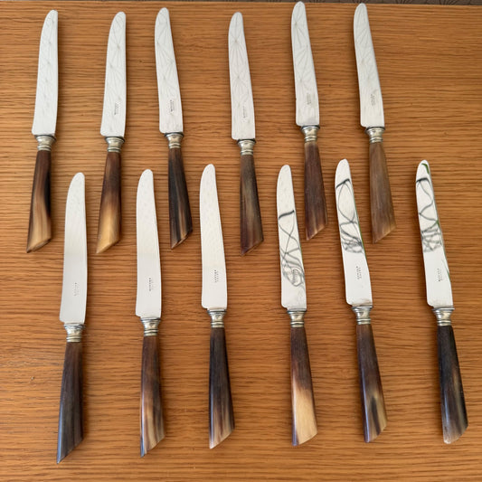 French Steak Knives Horn Handles Silver Ferrules Set of 12 Vintage 0302268 Unbranded