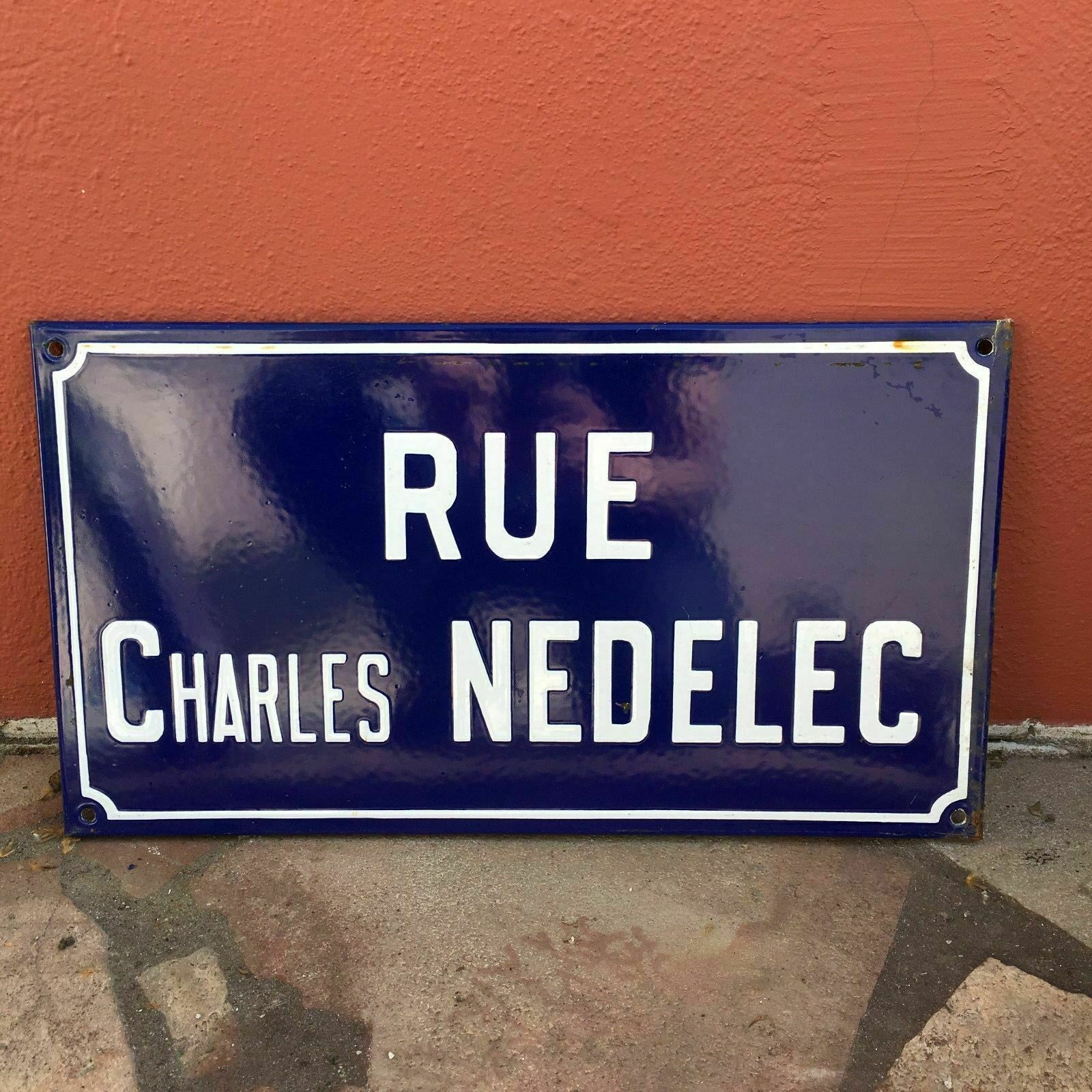 Vintage French Street Sign Rue Charles Nedelec Blue Enamel Metal Plaque Fleamarketfrance