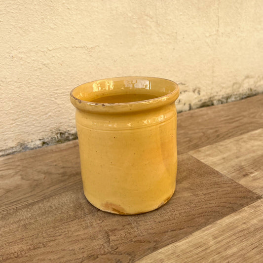 HANDMADE GLAZED YELLOW ANTIQUE FRENCH CONFIT POT SMALL TERRACOTTA 43/4" 28112211 - Fleamarketfrance