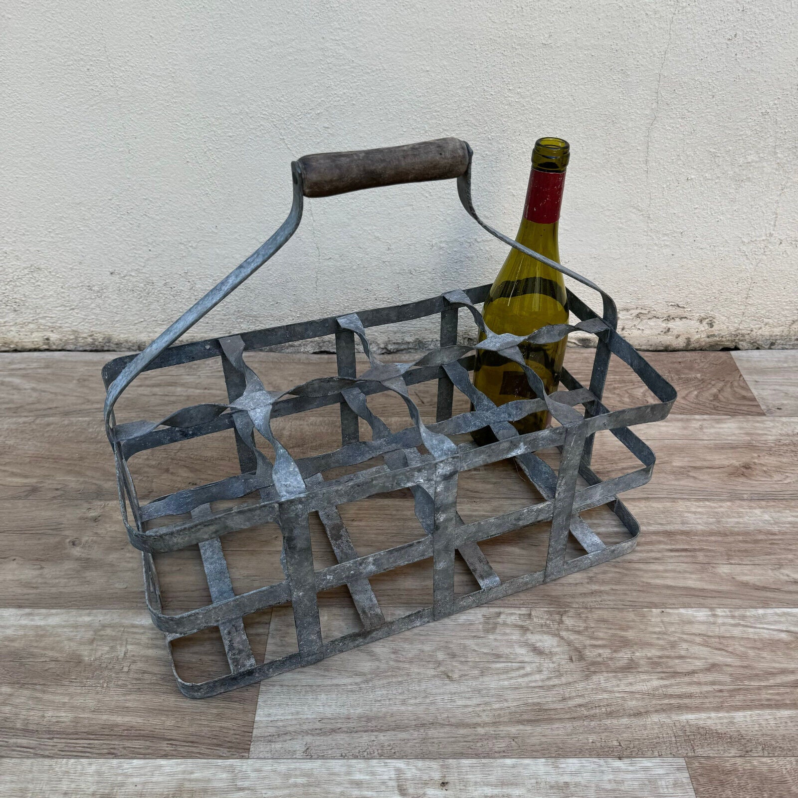 ANTIQUE VINTAGE FRENCH Handmade Metal 8 zinc Bottle Wine Carrier Basket 2208248 - Fleamarketfrance