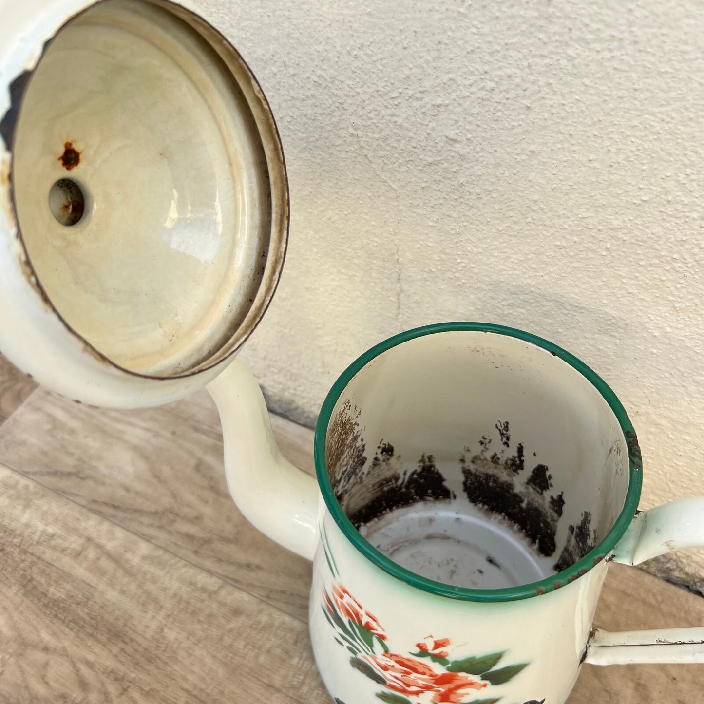 French Enamel Coffee Pot Rose Floral Vintage Green White 26052216 White
