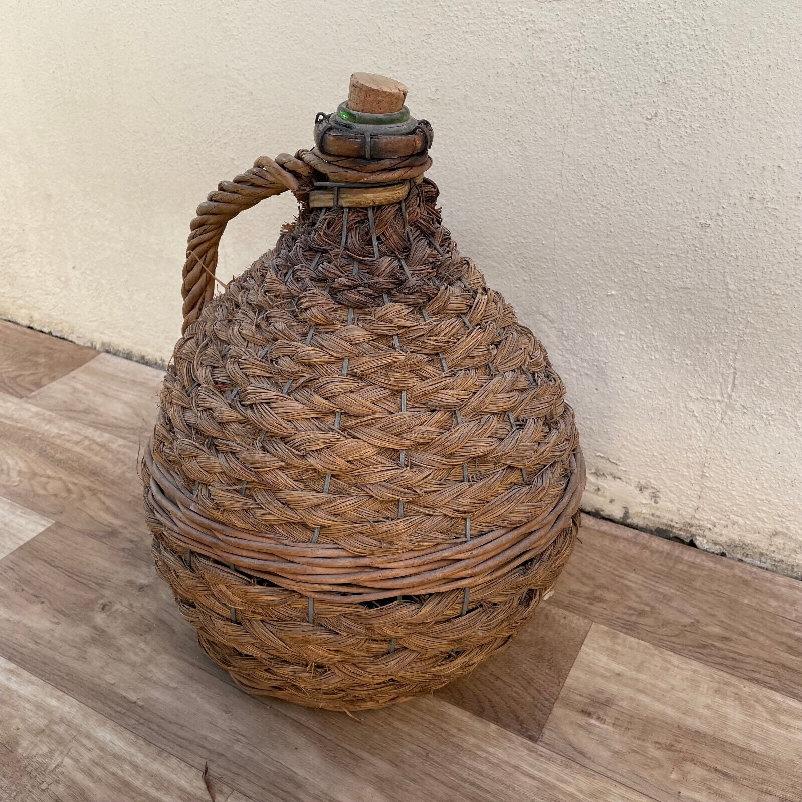 Old French Green Dame Jeanne Demi John Carboy Bottle bonbonne rattan 2710222 - Fleamarketfrance