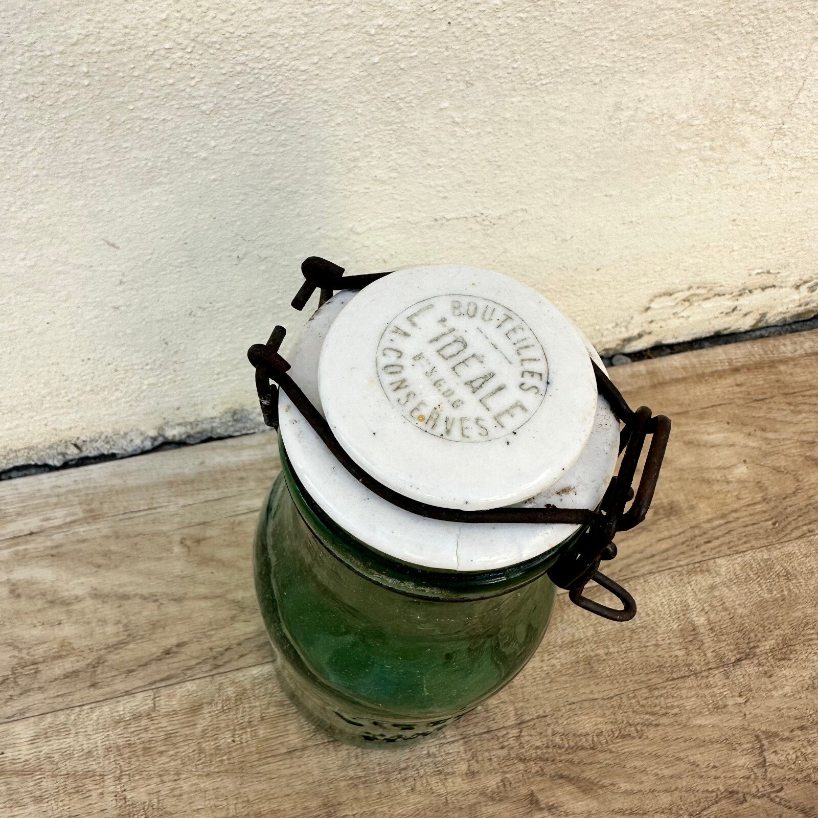 French L'Ideal Canning Jar Green Glass Porcelain Lid Vintage 10" 2206232 Fleamarketfrance