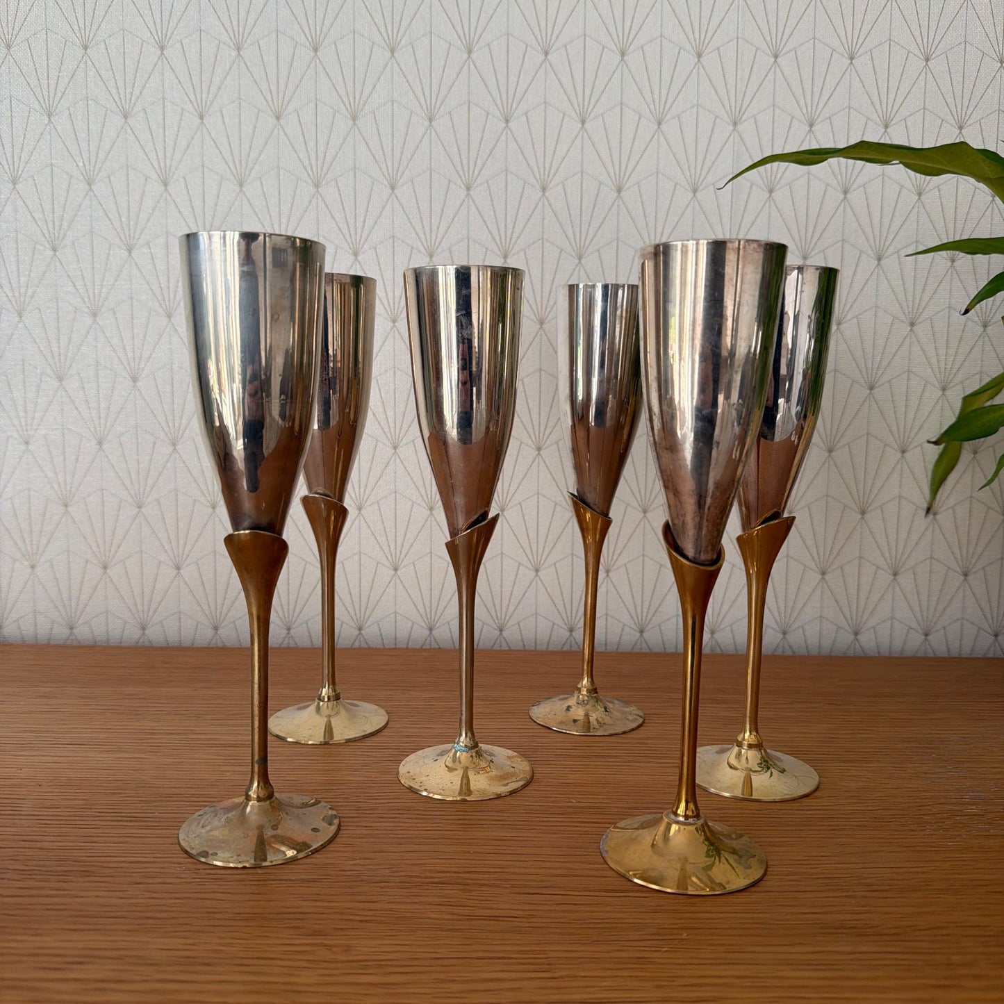 Vintage 4 silver gold champagne flutes silverplate glasses set 1805268 International Silver