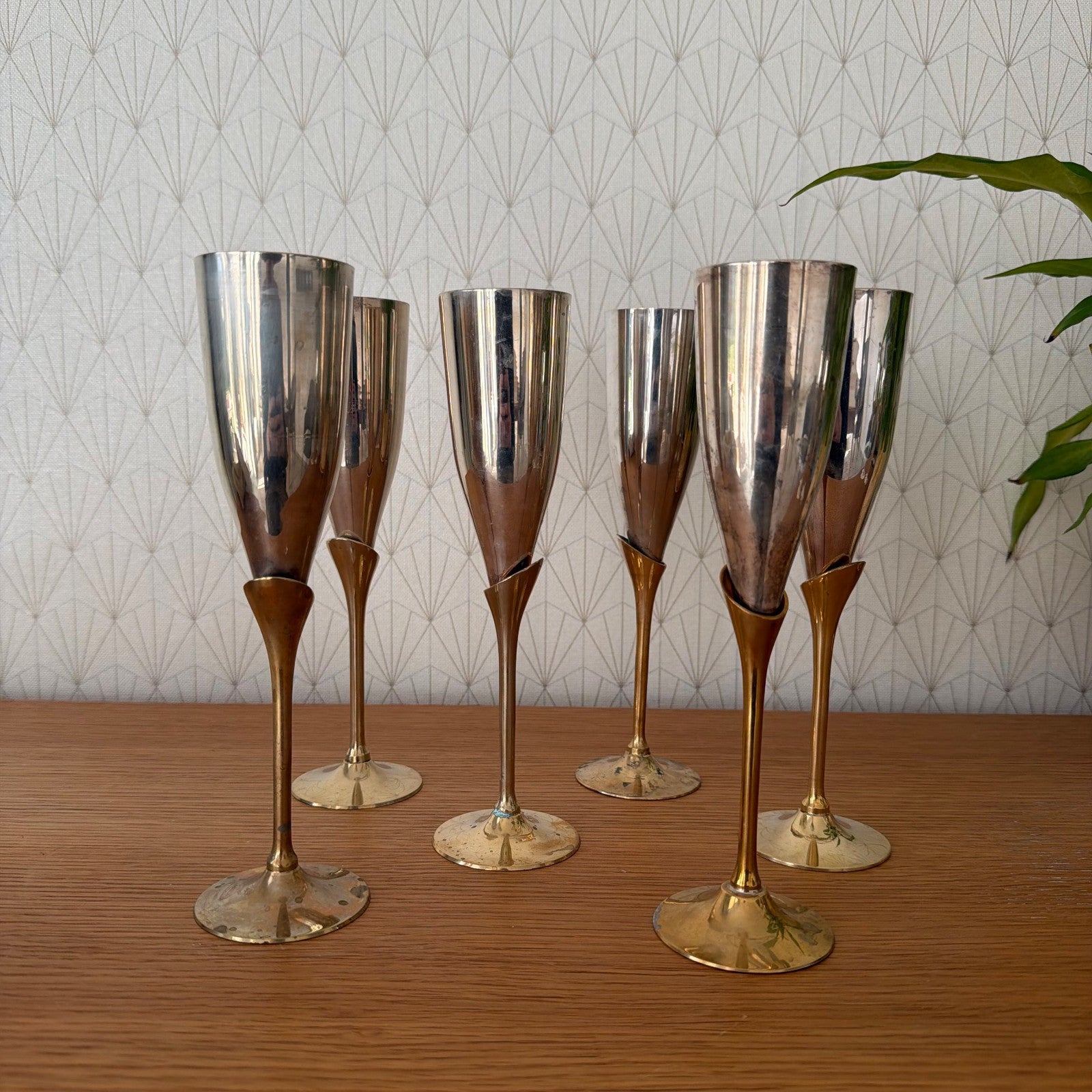 Vintage 4 silver gold champagne flutes silverplate glasses set 1805268 International Silver