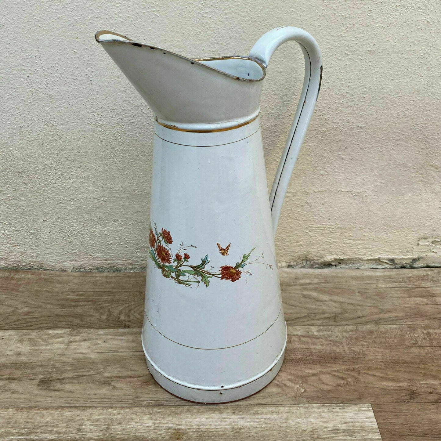 Vintage French JAPY Enamel pitcher jug water enameled white FLOWERS 08112011 - Fleamarketfrance