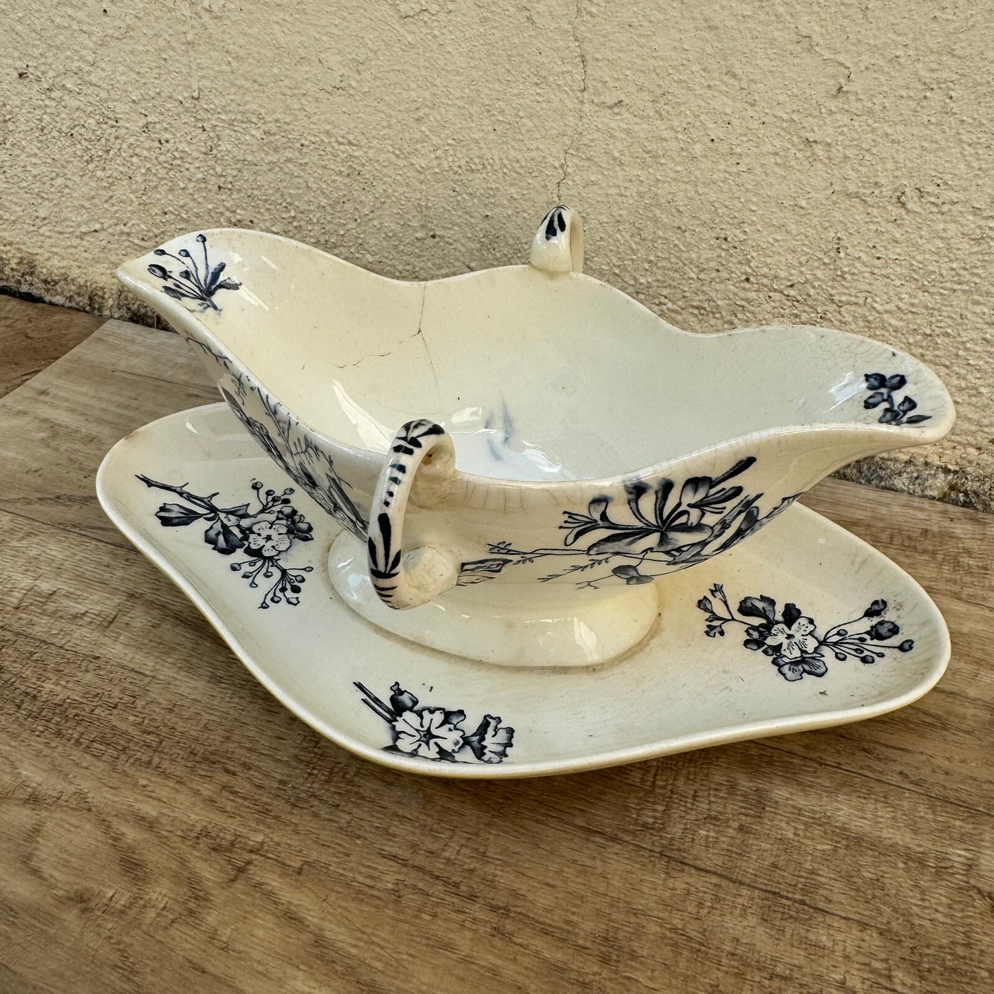 French Sauce Boat E. Bourgeois Paris Blue Floral Earthenware 09072417 Fleamarketfrance