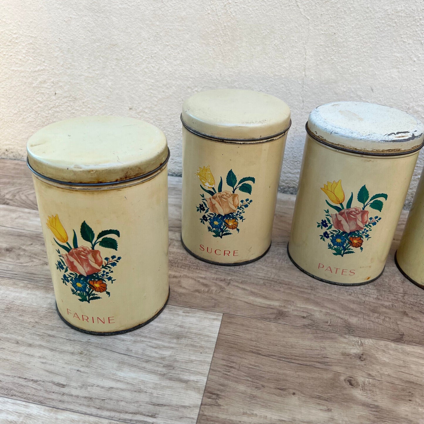 VINTAGE FRENCH METAL BOXS CANISTER SET  FLOUR SUGAR COFFEE RICE 2905241 - Fleamarketfrance