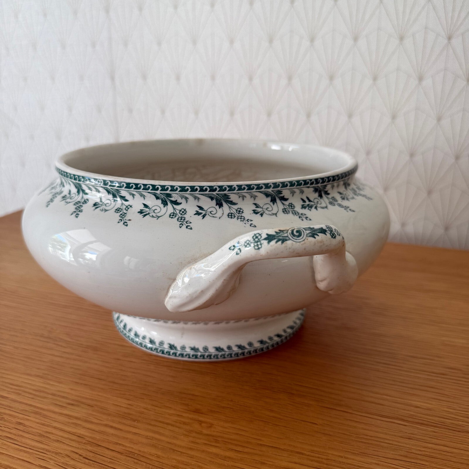French Vintage Tureen Montigny Green White Earthenware Soup Bowl 0405252 Fleamarketfrance