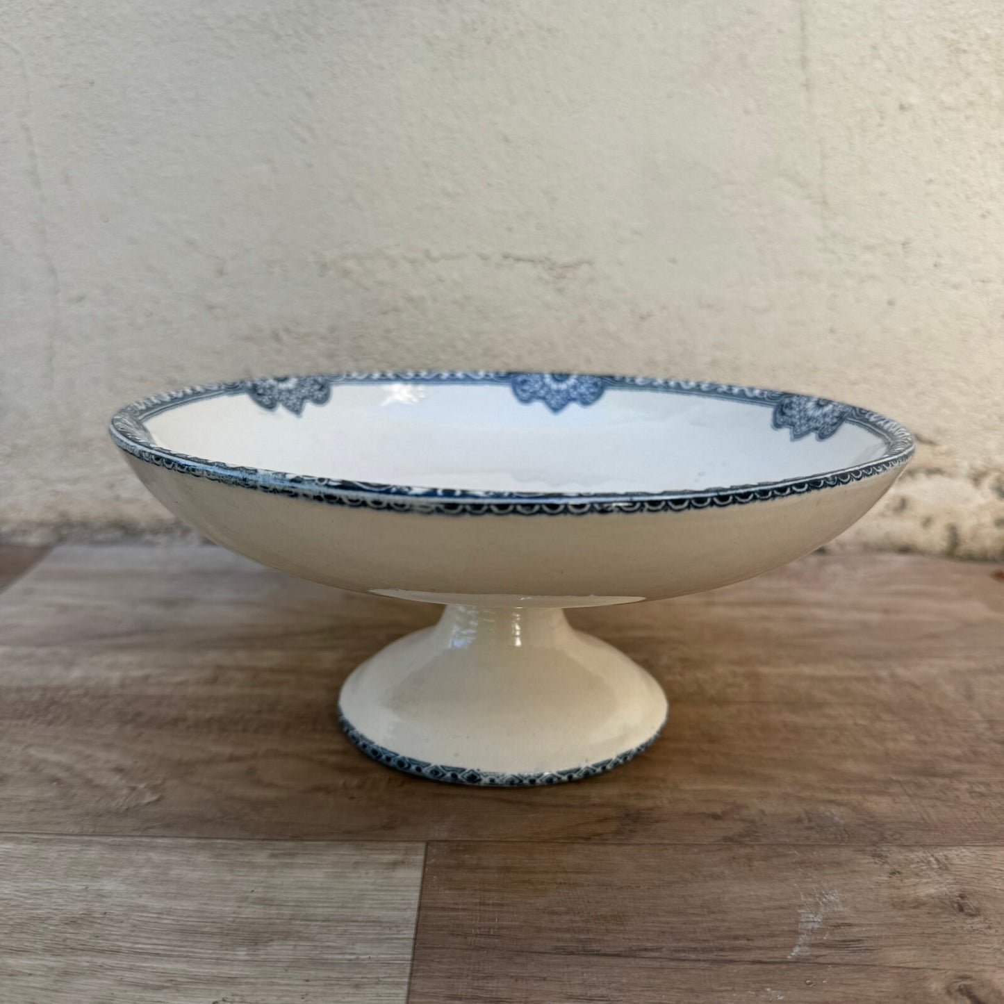French Antique Compote Bowl Jumieges Blue White Pedestal Terre de Fer 0807247 Fleamarketfrance