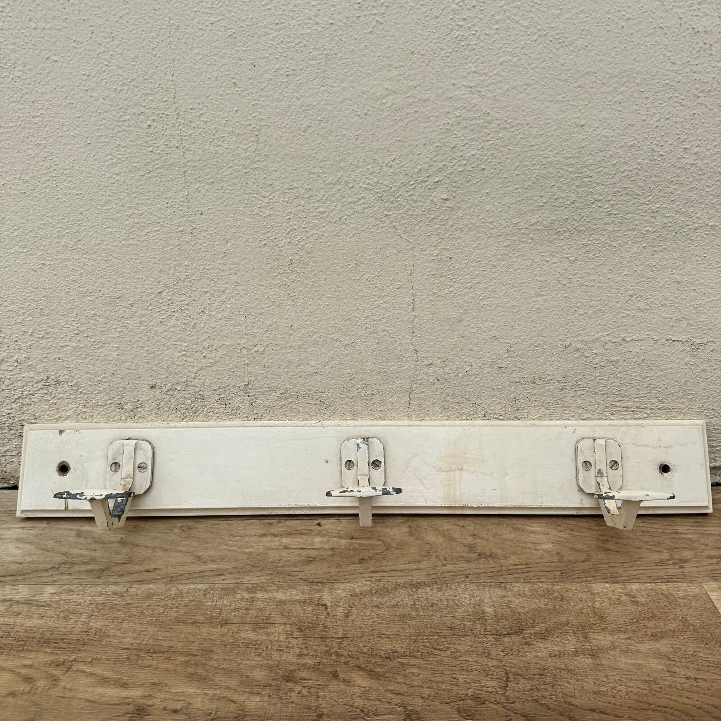 Vintage French Wall Coat Rack 3 Metal Hooks White Wood Base 1930s 0605244 Unbranded