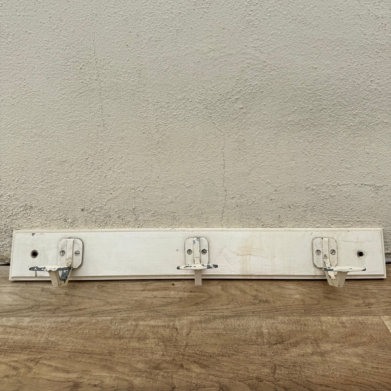 Vintage French Wall Coat Rack 3 Metal Hooks White Wood Base 1930s 0605244 Unbranded