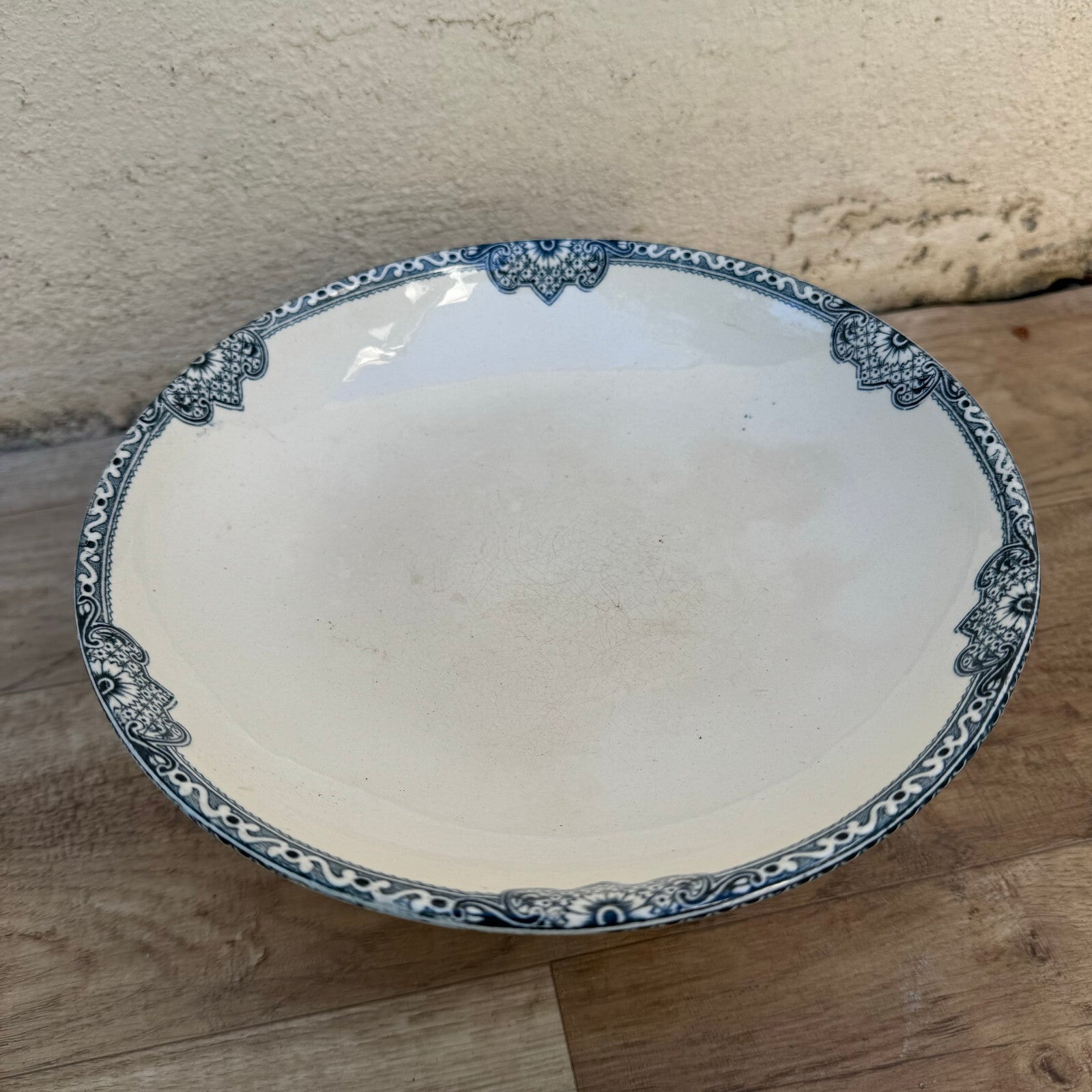 French Antique Compote Bowl Jumieges Blue White Pedestal Terre de Fer 0807247 Fleamarketfrance