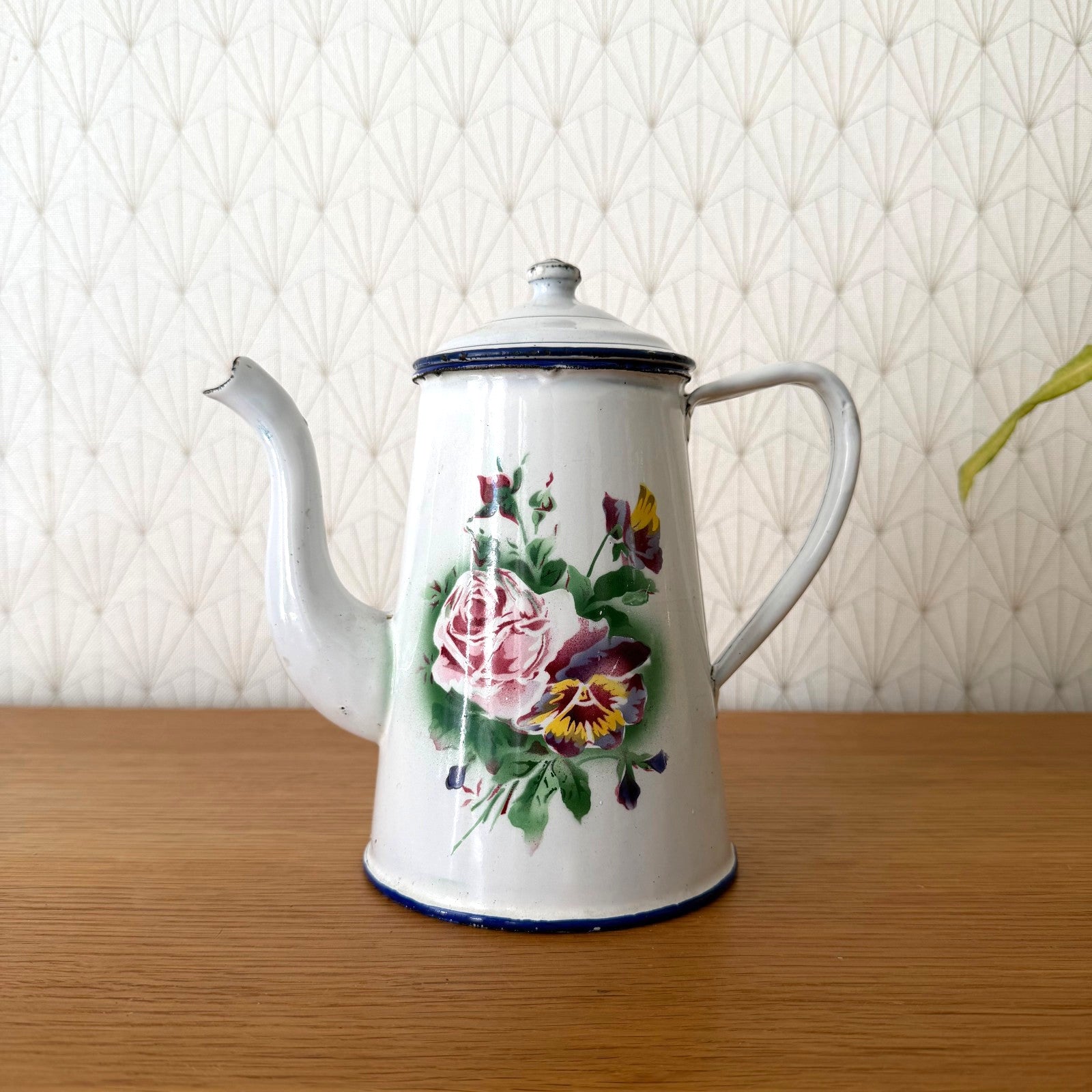 Antique French Enamel Coffee Pot Floral Rose White Blue Trim 0708265 Fleamarketfrance