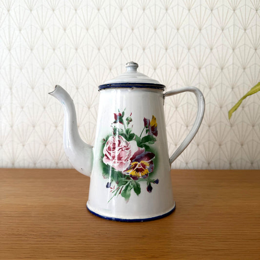 Antique French Enamel Coffee Pot Floral Rose White Blue Trim 0708265 Fleamarketfrance