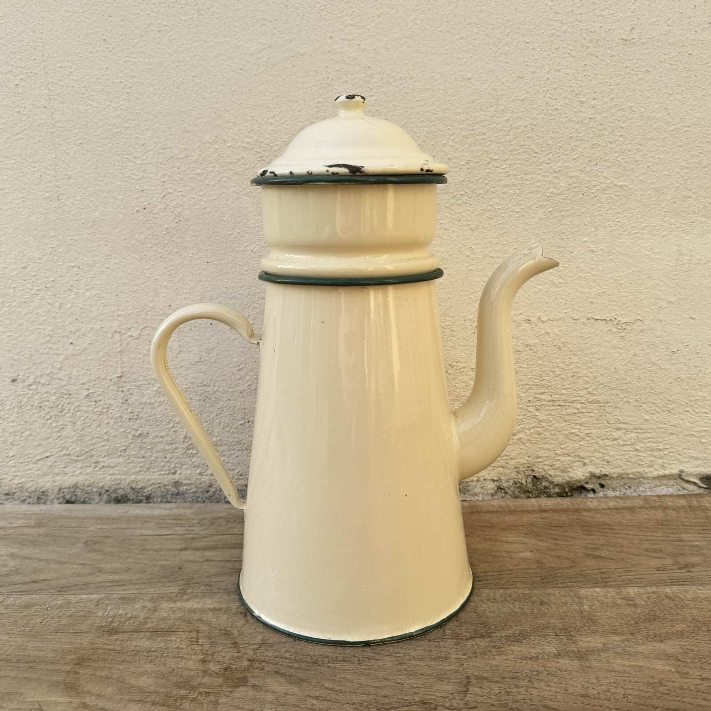 Vintage French Enamel Coffee Pot Beige Green Trim Enamelware Kitchen 0602249 Fleamarketfrance