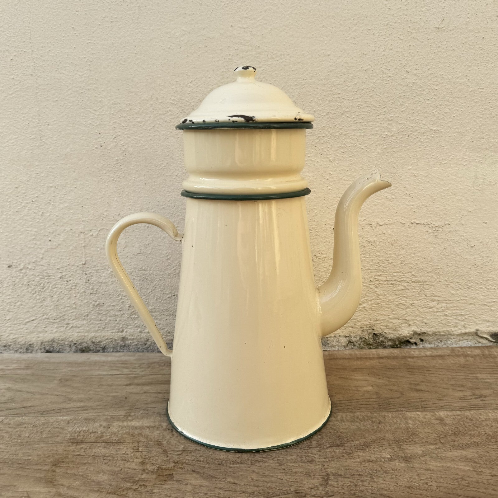Vintage French Enamel Coffee Pot Beige Green Trim Enamelware Kitchen 0602249 Fleamarketfrance