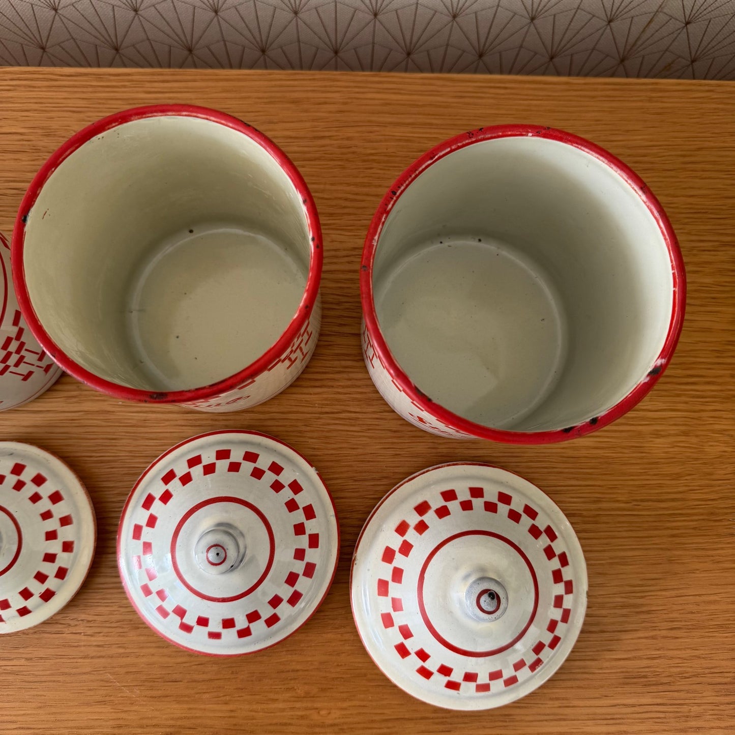 Bistro Set 4 French Enameled Vintage Canisters Lustucru 1900 s 2101261 Fleamarketfrance : French vintage and antique decor