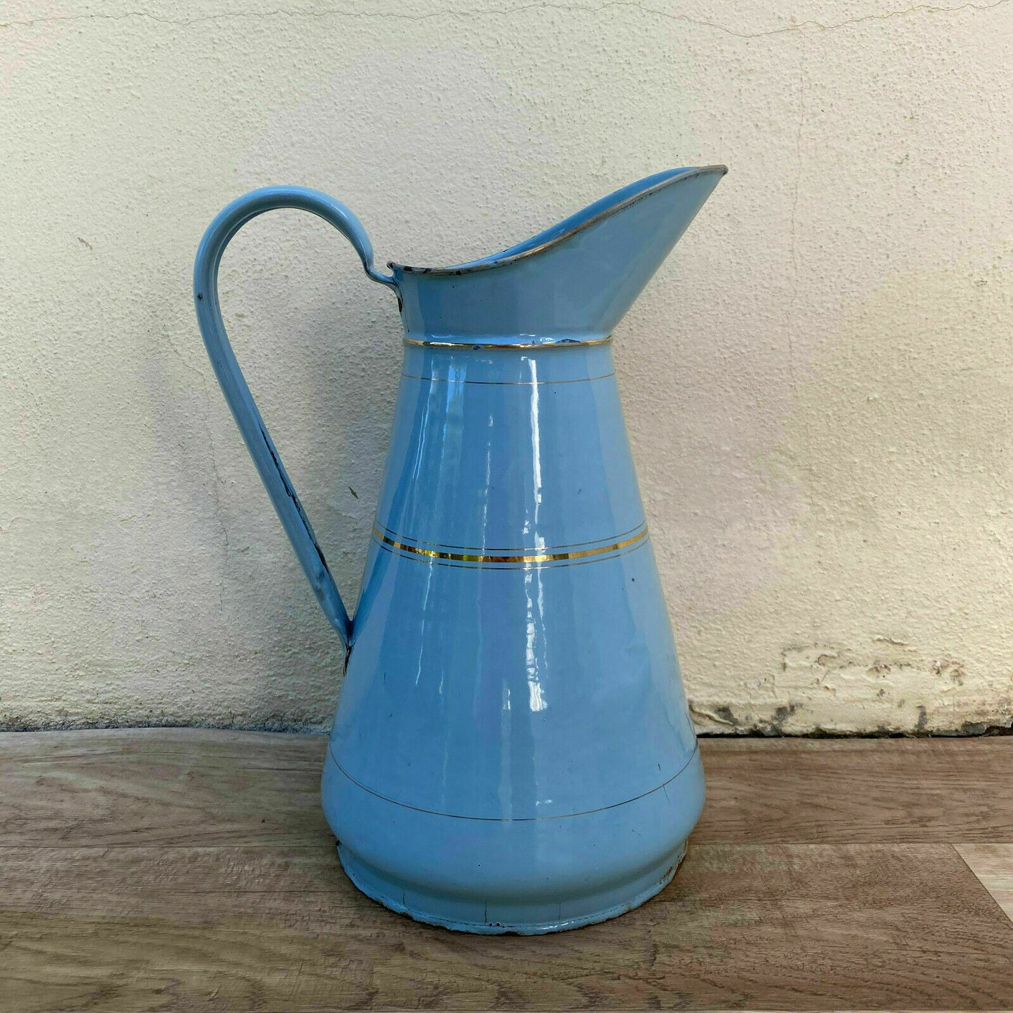 Vintage French Enamel Pitcher Blue Gold Farmhouse Water Jug 0707204 Fleamarketfrance