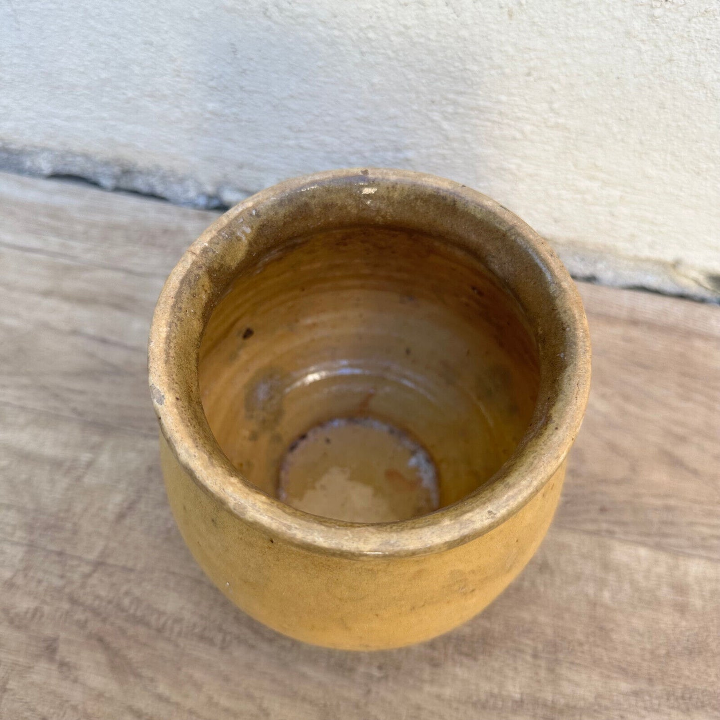 HANDMADE GLAZED YELLOW ANTIQUE FRENCH CONFIT POT SMALL TERRACOTTA 4 3/4" 2407237 - Fleamarketfrance