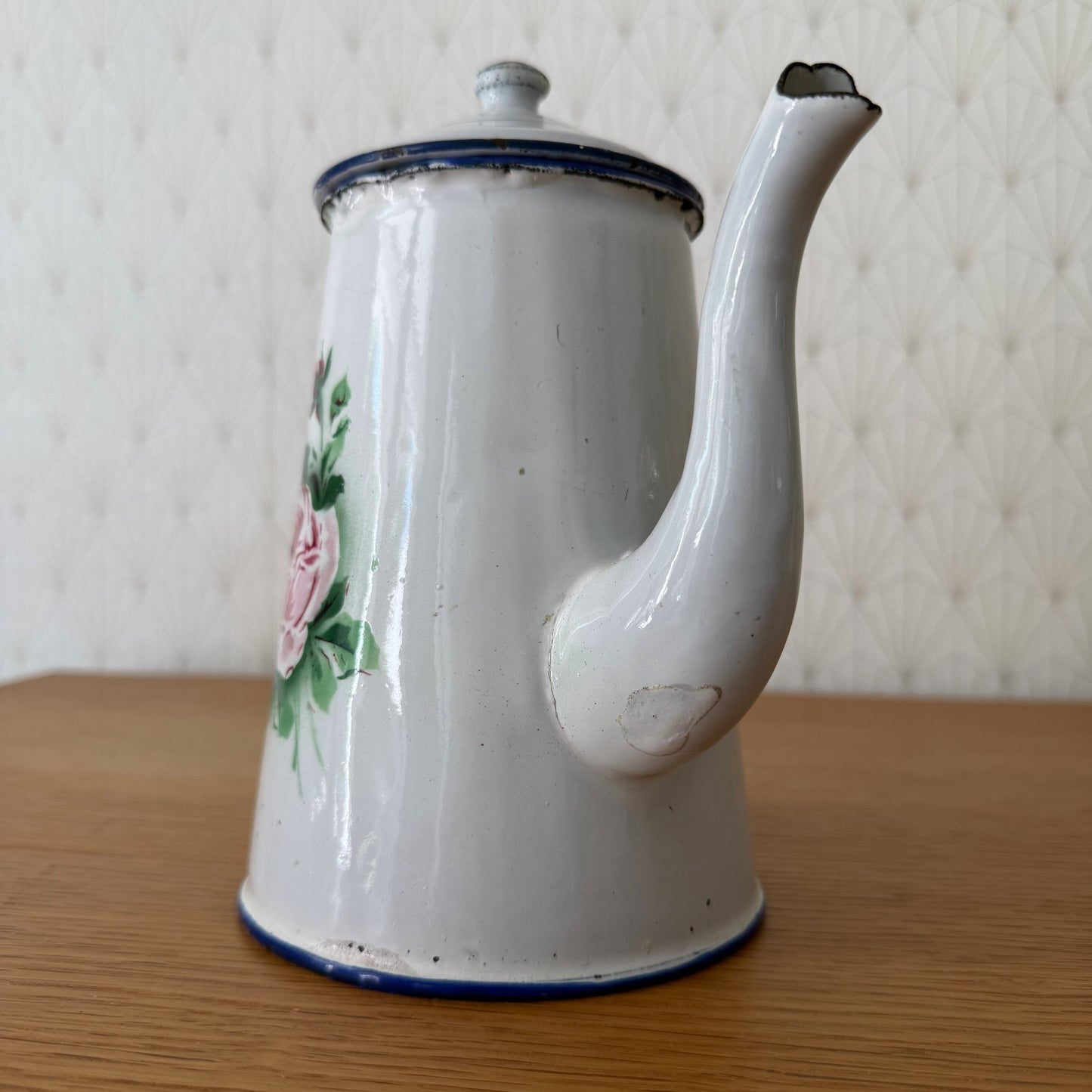 Antique French Enamel Coffee Pot Floral Rose White Blue Trim 0708265 Fleamarketfrance