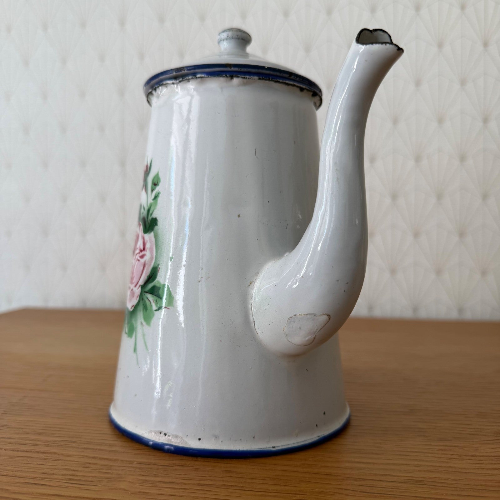Antique French Enamel Coffee Pot Floral Rose White Blue Trim 0708265 Fleamarketfrance