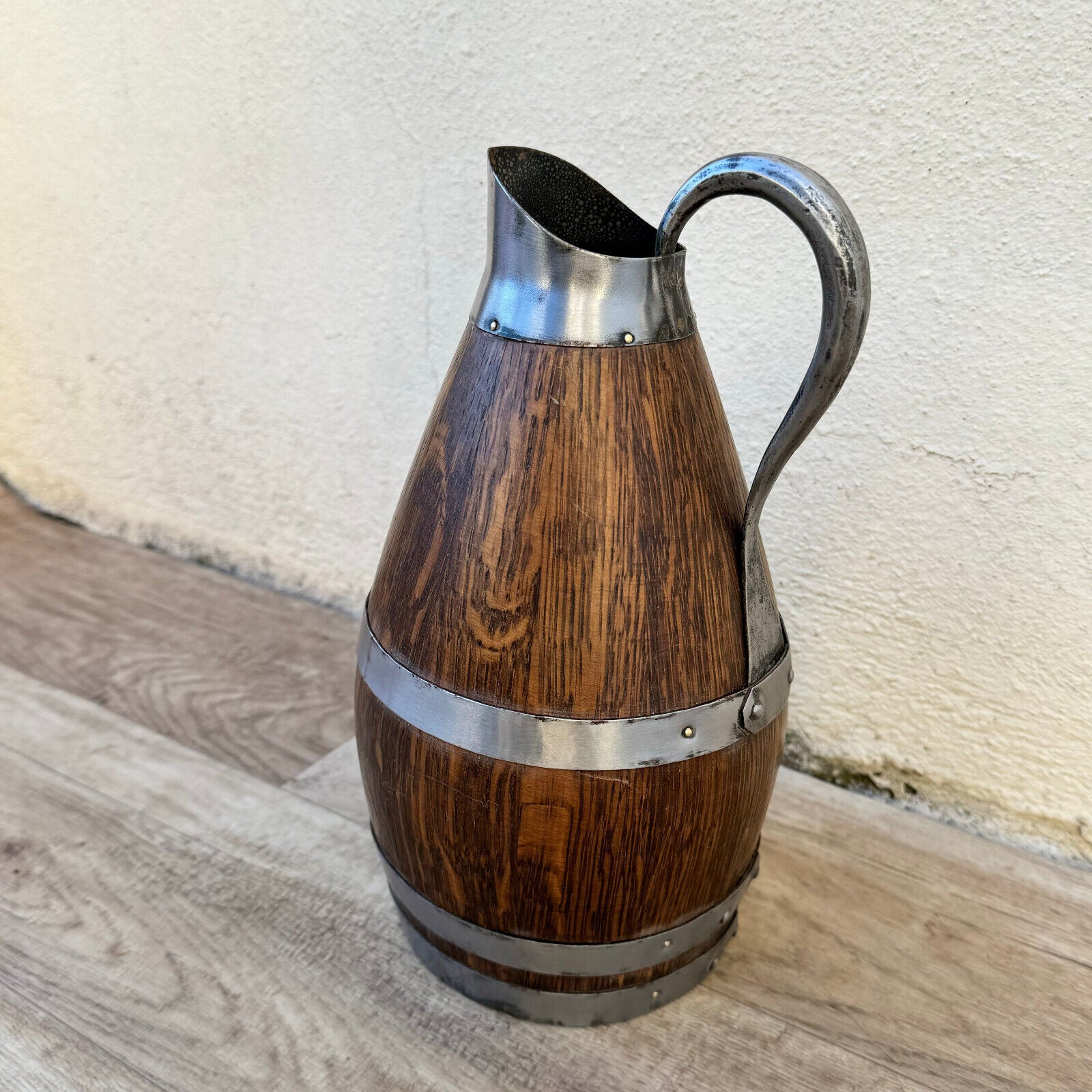 Vintage French Wooden Wine Cider Jug Pitcher Staved Wood Metal 9 3/4" 04052412 - Fleamarketfrance