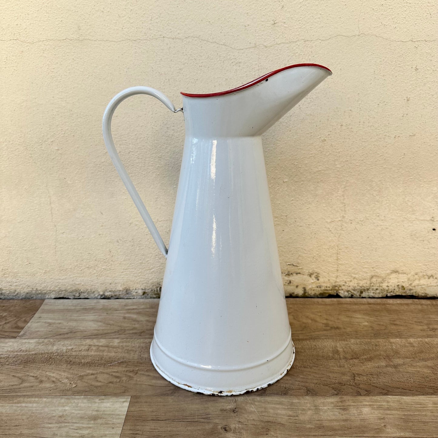 French Enamel Pitcher White Red Rim Vintage Water Jug Farmhouse 3011232 Fleamarketfrance