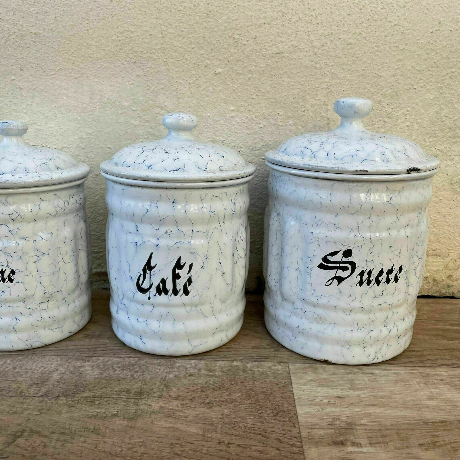 Bistro Francais Canister Set 5 French Enameled France Vintage 1900 s 0311218 - Fleamarketfrance