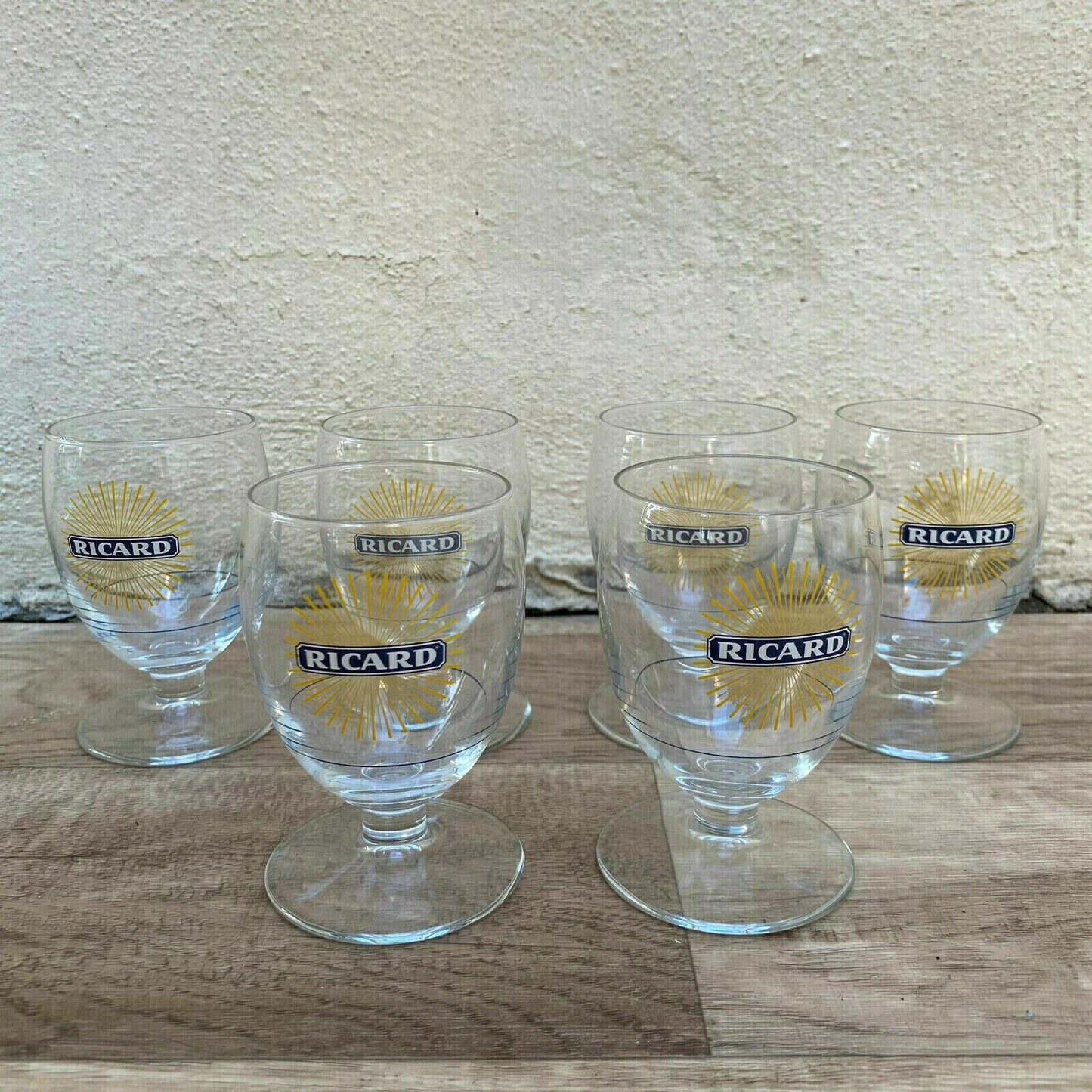 6 FRENCH RICARD ANISETTE PASTIS GLASSES WITH SUNBURST MOTIF 1001253 - Fleamarketfrance