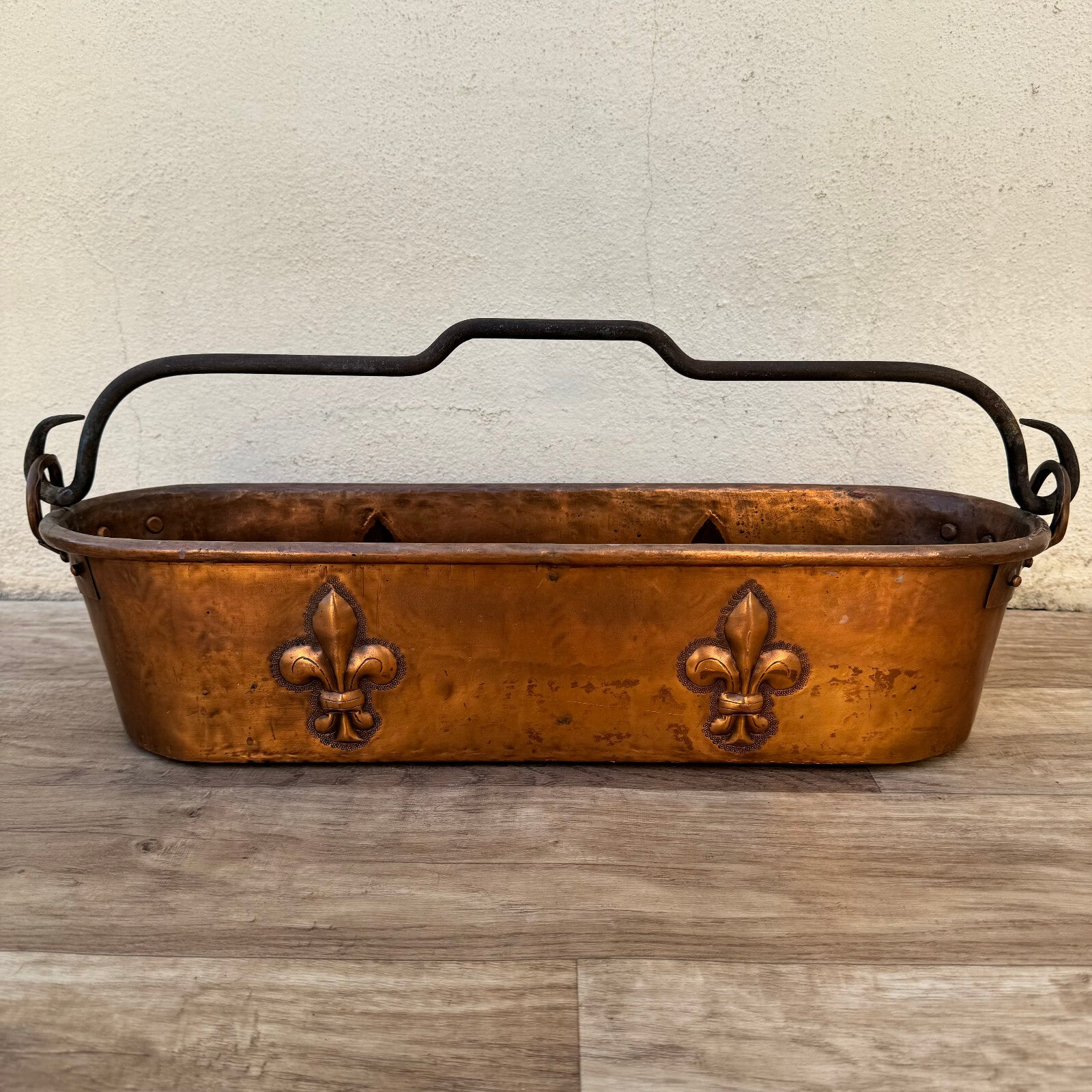 French Copper Fish Kettle Fleur de Lis Antique Poacher Planter 1404241 Villedieu
