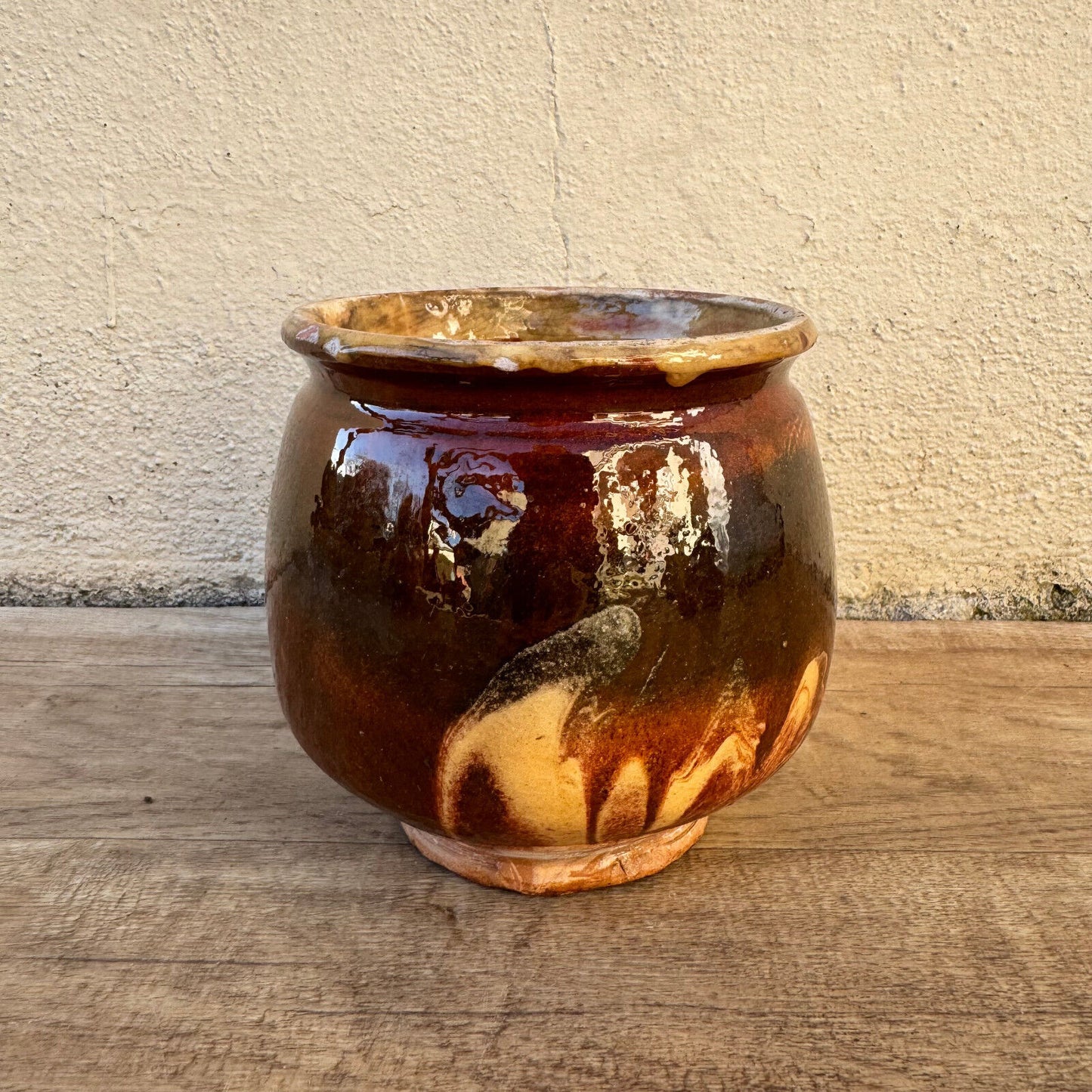 HANDMADE GLAZED BROWN YELLOW ANTIQUE FRENCH HONEY POT TERRACOTTA 1202254 - Fleamarketfrance