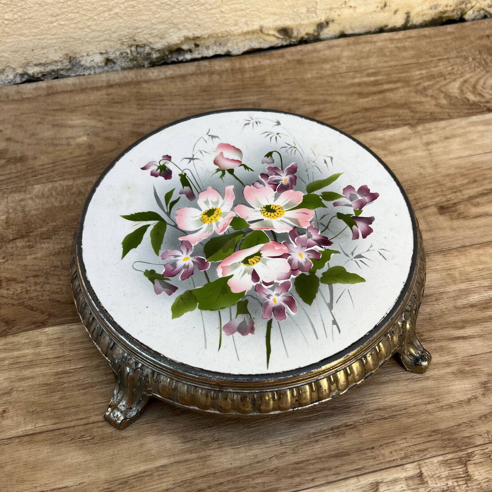 Vintage porcelain metal flowers french Trivet france 2110223 - Fleamarketfrance