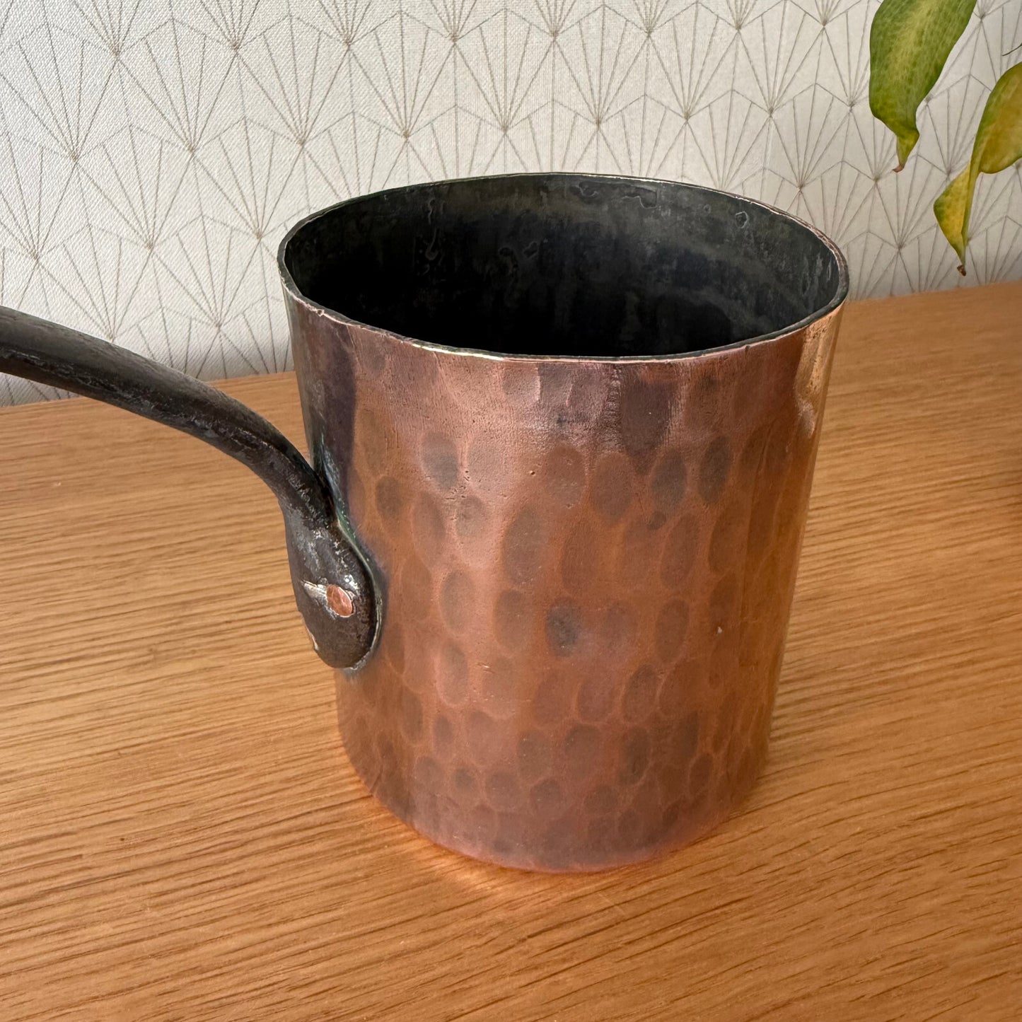 Antique French Copper Saucepan Hammered Tin Lined Iron Handle 2205255 Unbranded