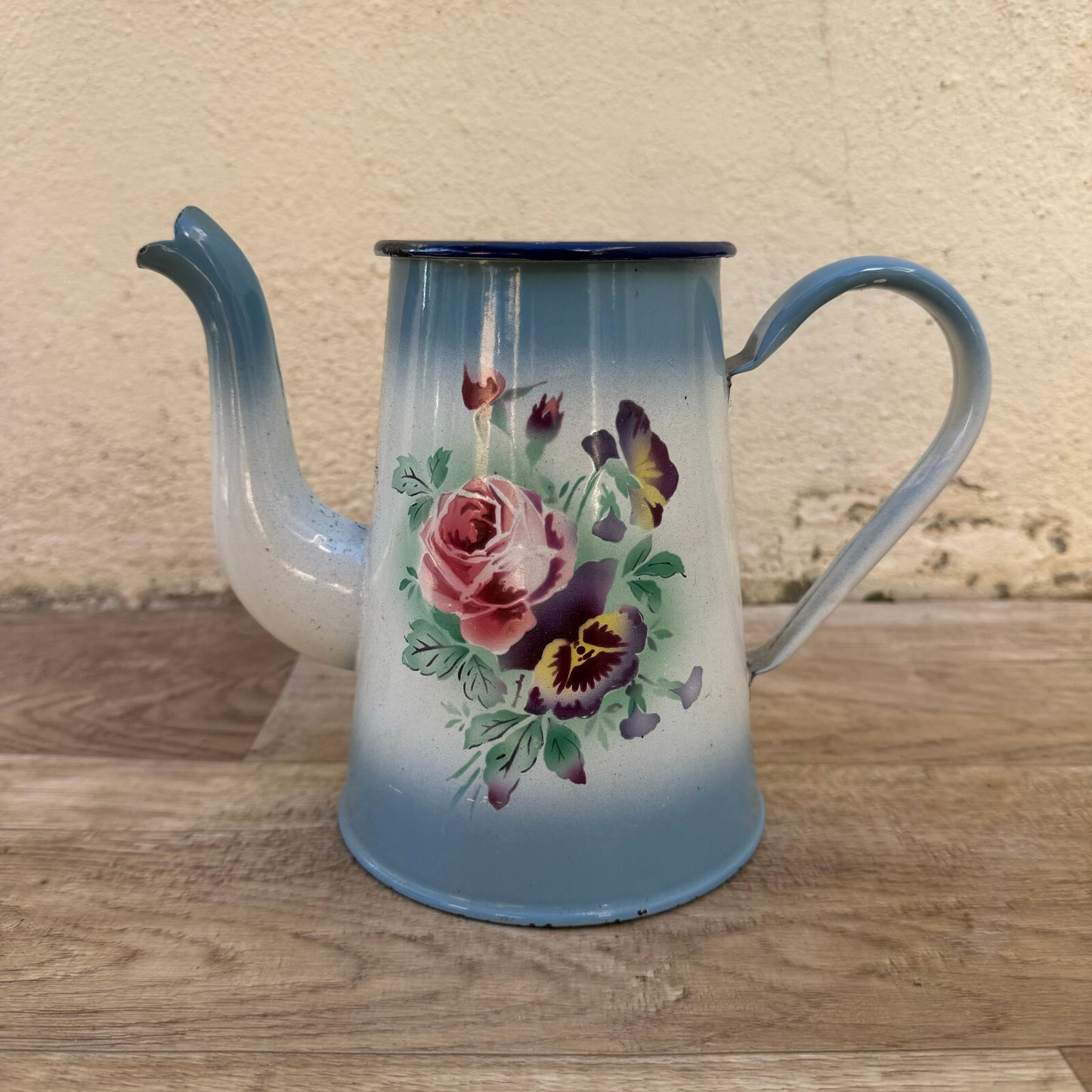 Vintage French Enamelware Coffee Pot Blue Floral Roses Pansies 2309243 Fleamarketfrance