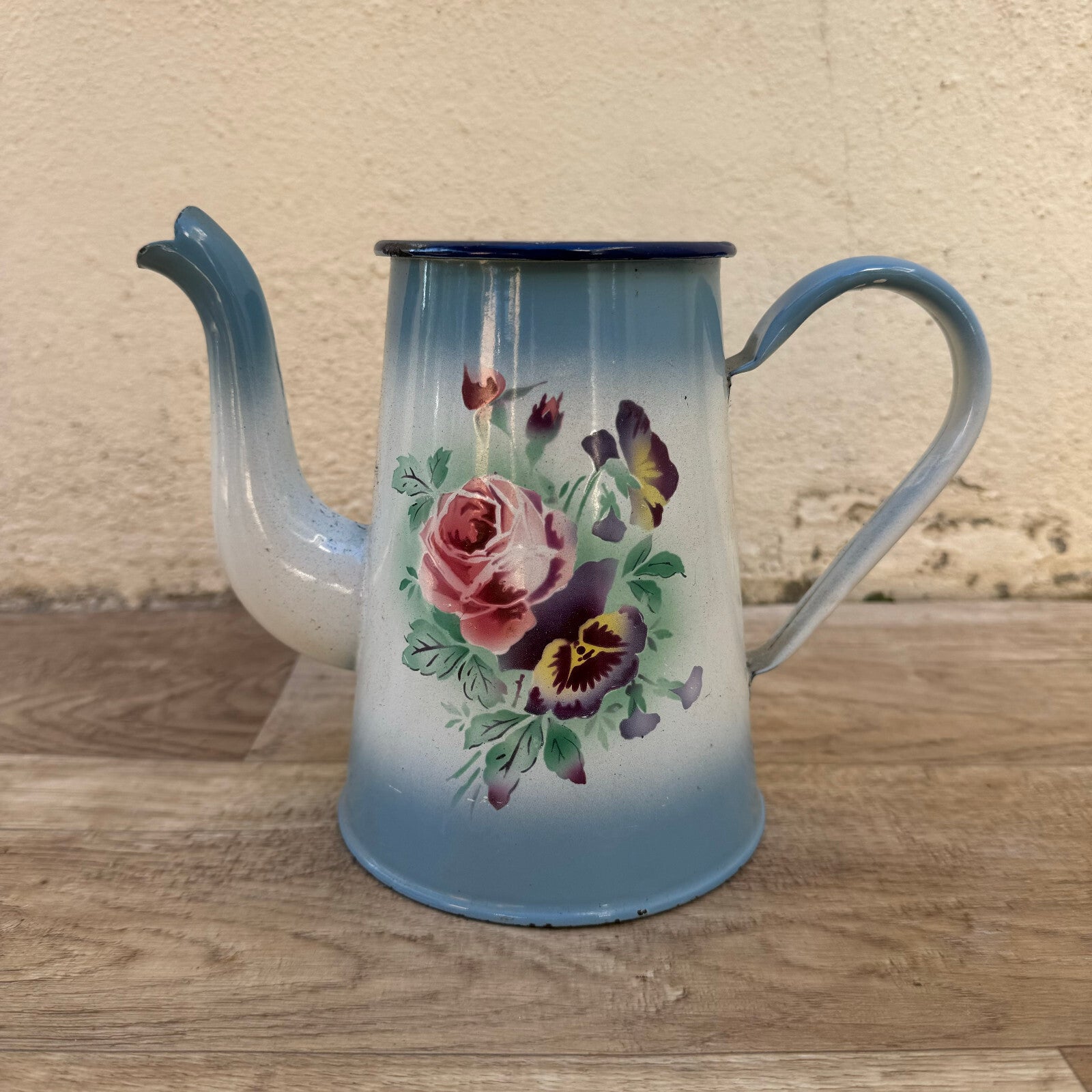 Vintage French Enamelware Coffee Pot Blue Floral Roses Pansies 2309243 Fleamarketfrance