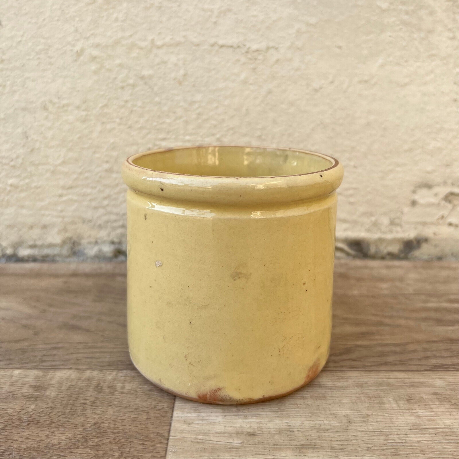 HANDMADE GLAZED YELLOW ANTIQUE FRENCH CONFIT JAM POT 3 1/2" TERRACOTTA  12102412 - Fleamarketfrance