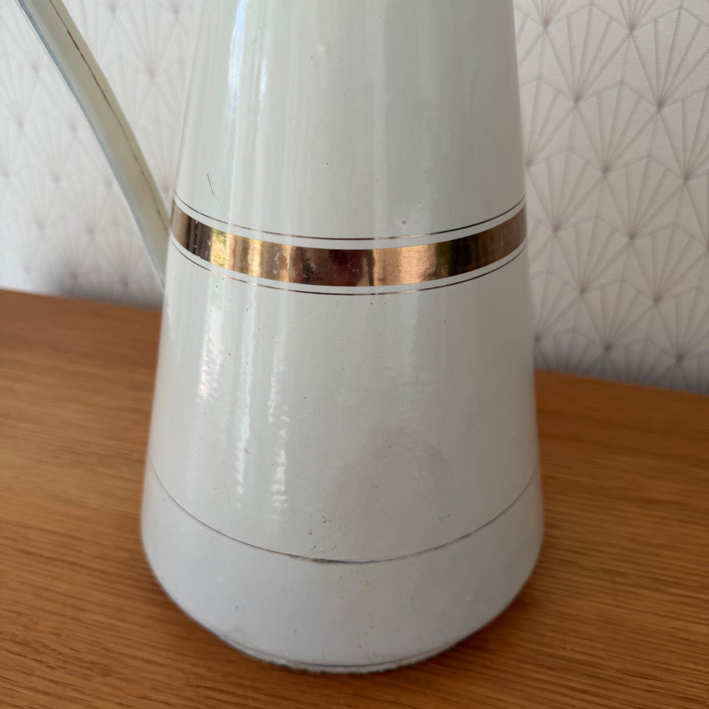 Vintage French Enamel Pitcher Jug Water Enameled White Gold1302265