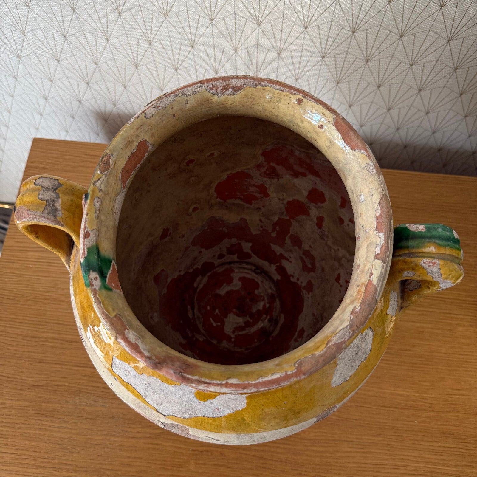 French Confit Pot Antique Terracotta Yellow Green Large Glazed 2302256 Unmarked