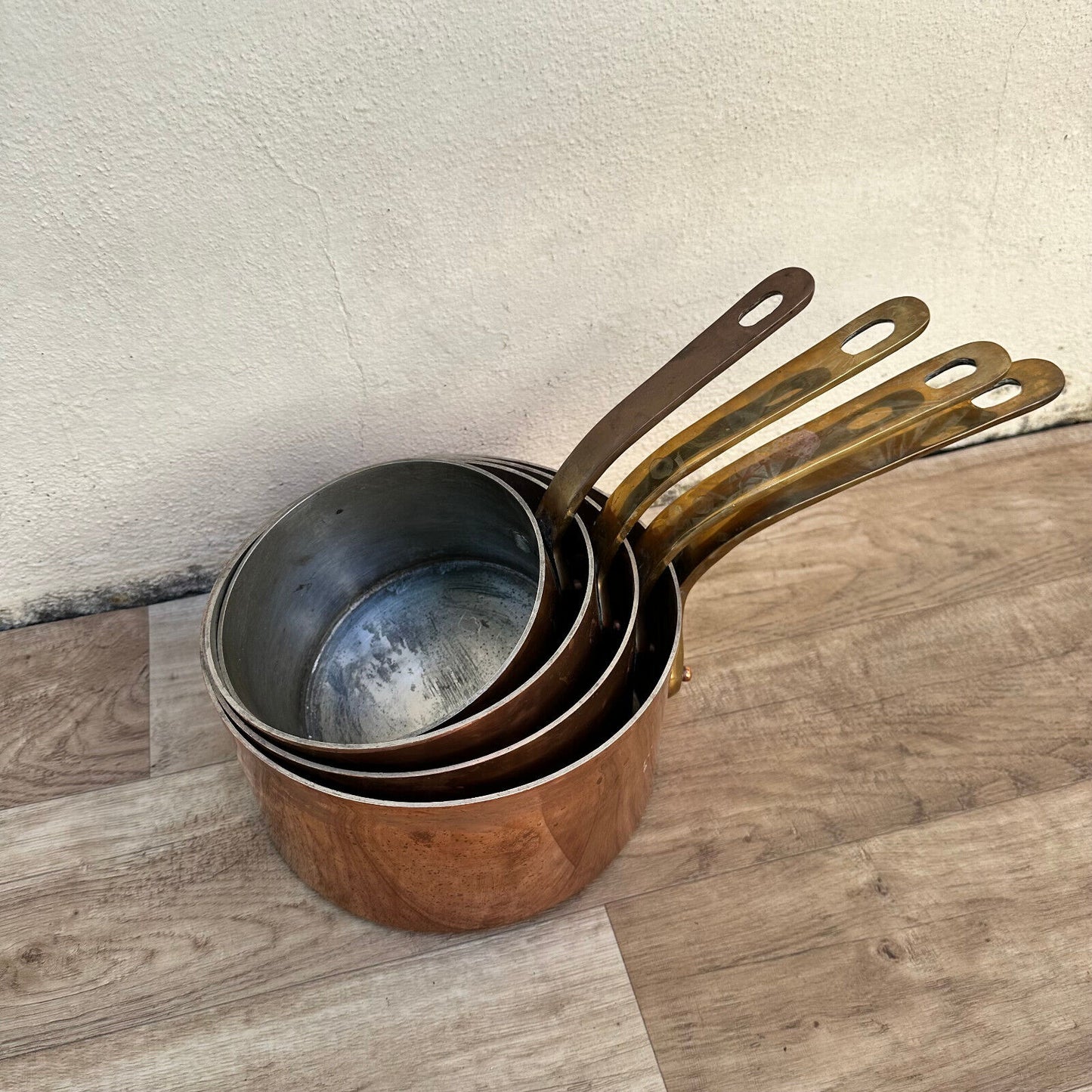 set of 4French copper pans brass handle 2mm made in France VILLEDIEU 2510234 - Fleamarketfrance