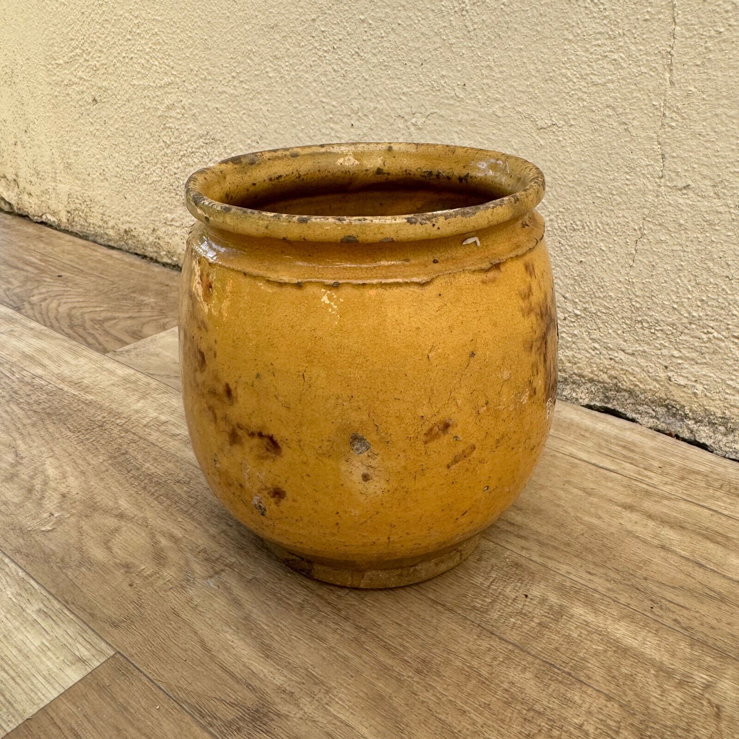 HANDMADE GLAZED YELLOW ANTIQUE FRENCH CONFIT POT SMALL TERRACOTTA 5 3/4" 3008243 - Fleamarketfrance