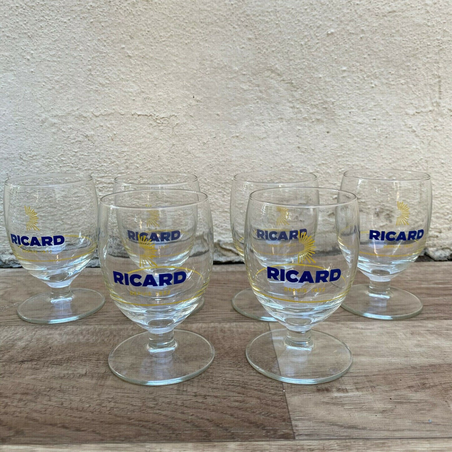 6 FRENCH RICARD ANISETTE PASTIS GLASSES WITH SUNBURST MOTIF 1001255 - Fleamarketfrance