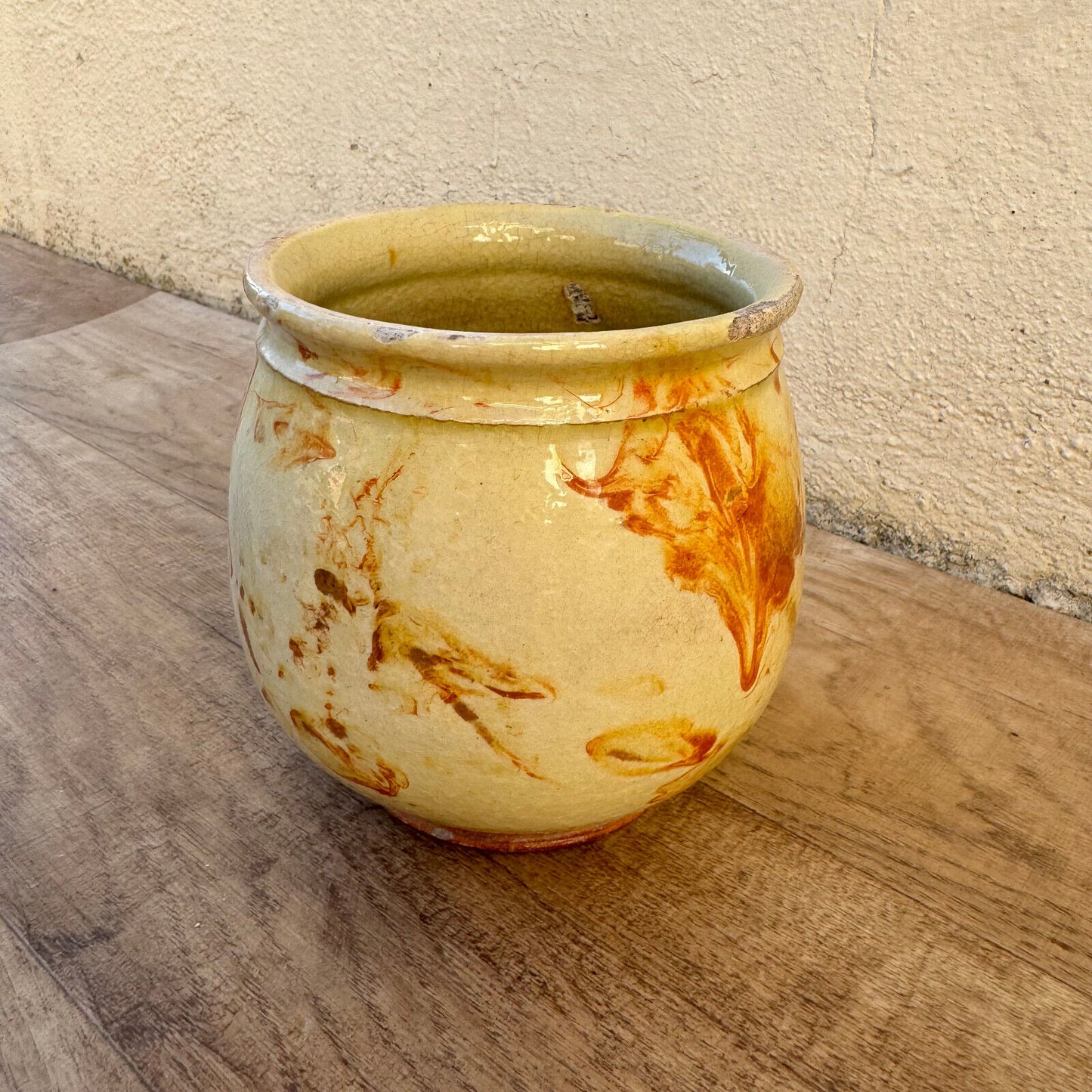 HANDMADE GLAZED BROWN YELLOW ANTIQUE FRENCH HONEY POT TERRACOTTA 1202259 - Fleamarketfrance