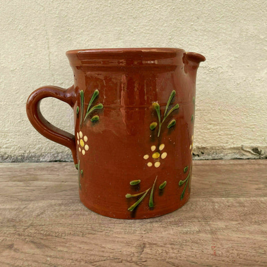 HANDMADE GLAZED GREEN BROWN VINTAGE FRENCH PITCHER TERRACOTTA 0904214 - Fleamarketfrance