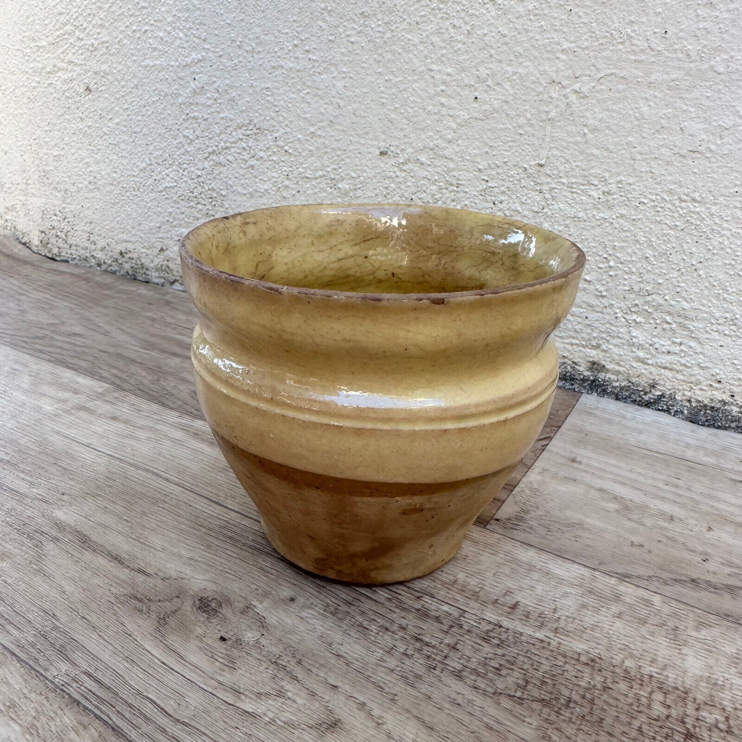 HANDMADE GLAZED BEIGE YELLOW ANTIQUE FRENCH MUSTARD POT CONFIT 0503252 - Fleamarketfrance