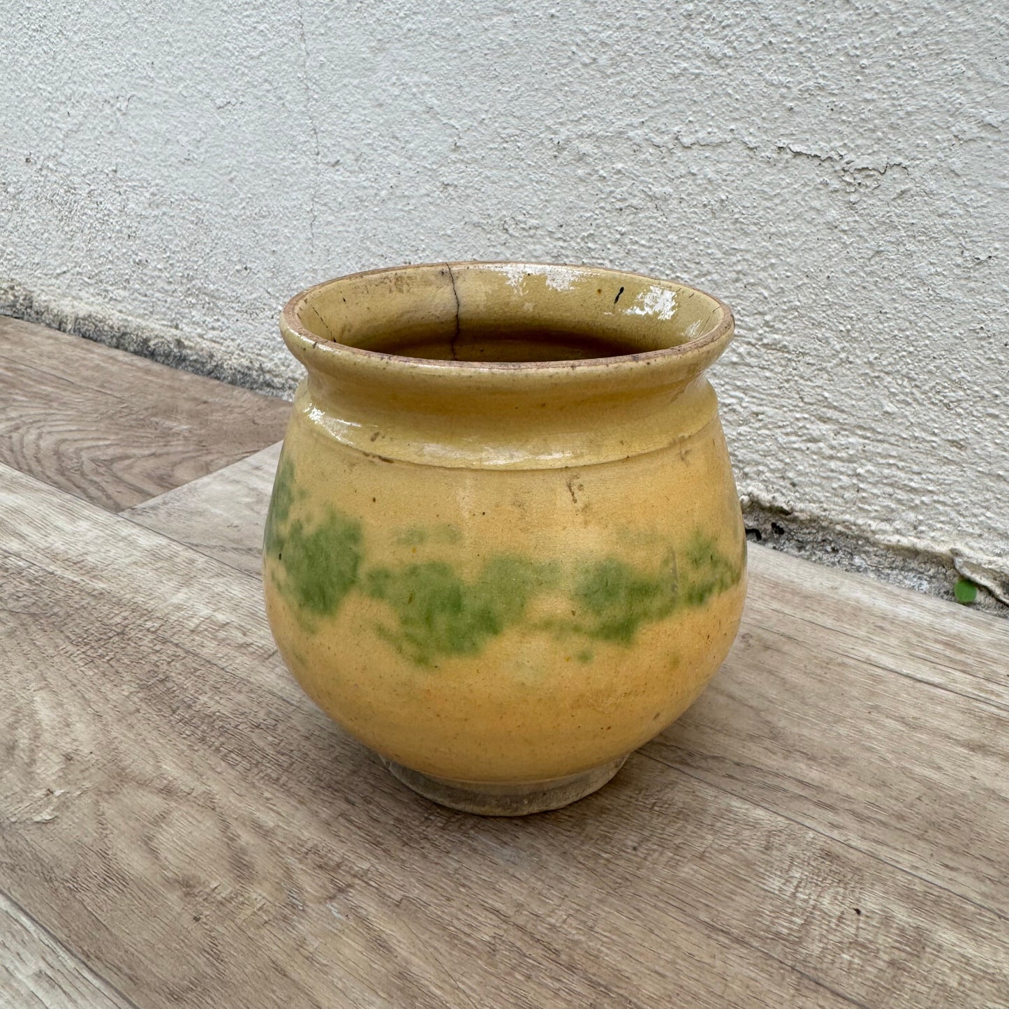 Antique French Confit Pot Yellow Green Glazed Stoneware Jar 1909242 Unmarked
